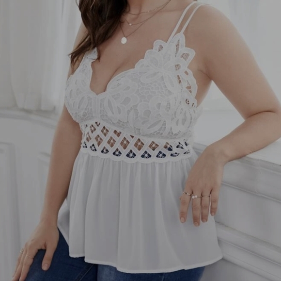Boho Plus Size Floral Lace Criss Cross Tank Top White - Picture 3 of 17